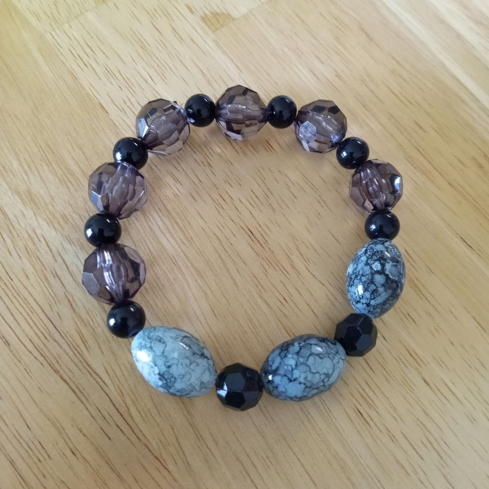 New black jasper and crystal beaded statement bracelet hand crafted
